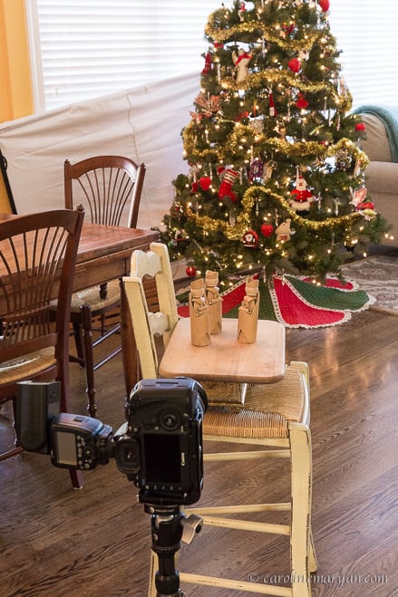 The setup for the shot. The subject is close to the camera and the tree is farther away, to help the bokeh effect.