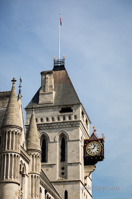 Clock at the Royal Courts of Justice in London, England