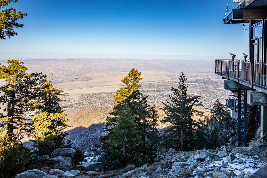 View of Palm Springs from the top of the Palm Springs Aerial Tramway, with snow on ground