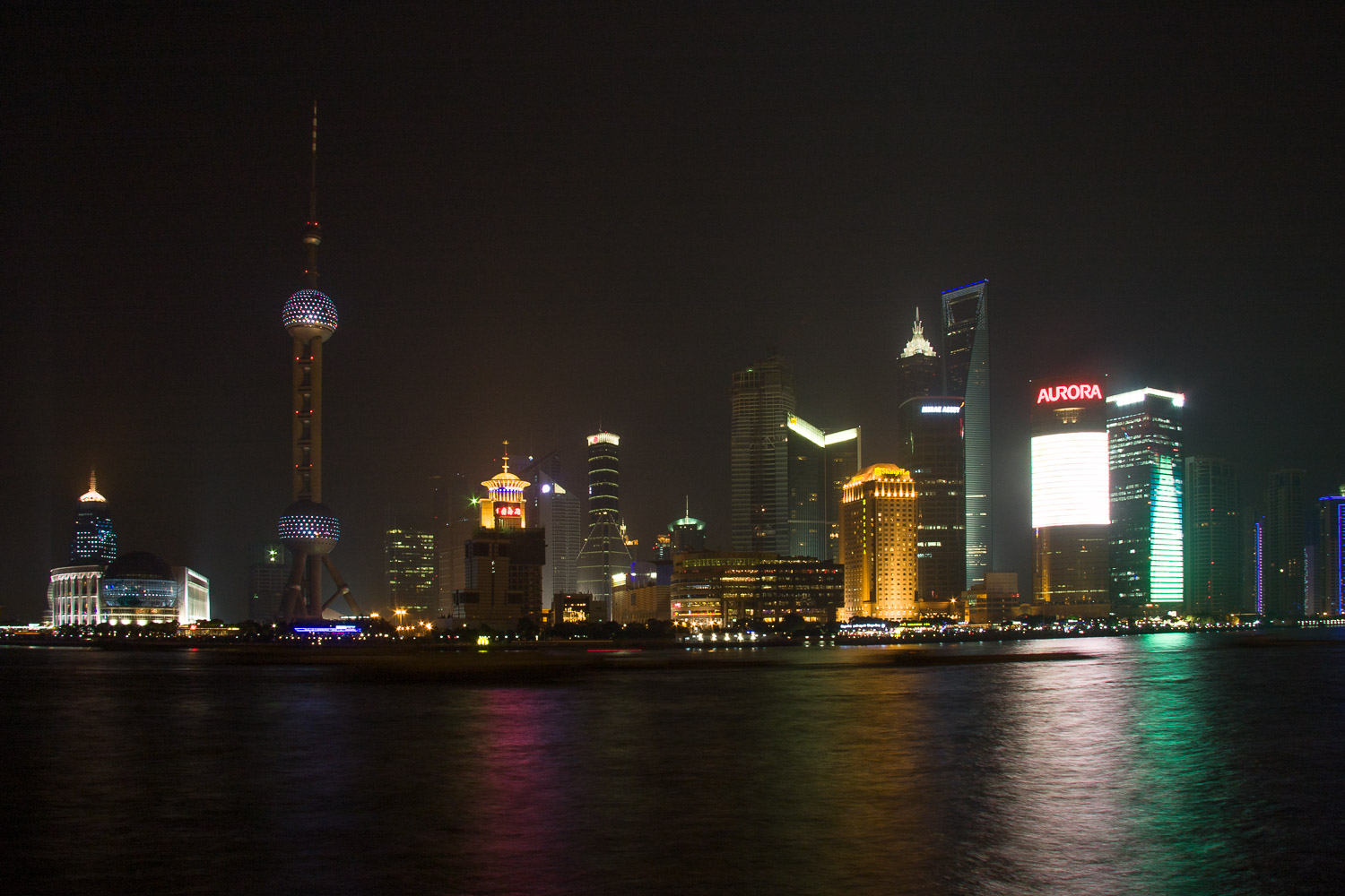 An evening view of Pudong in Shanghai, China, including the Oriental Pearl TV Tower, on the left, after the light show had ended