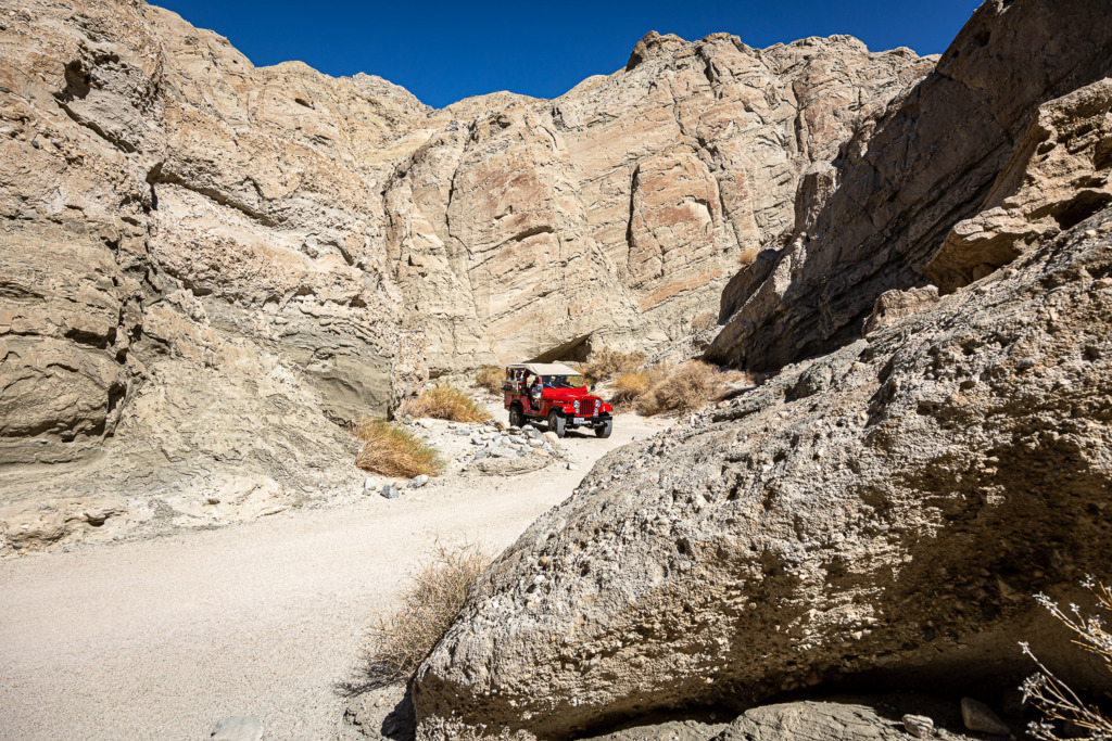 photo of a Red Jeep in the San Andreas Fault Zone
