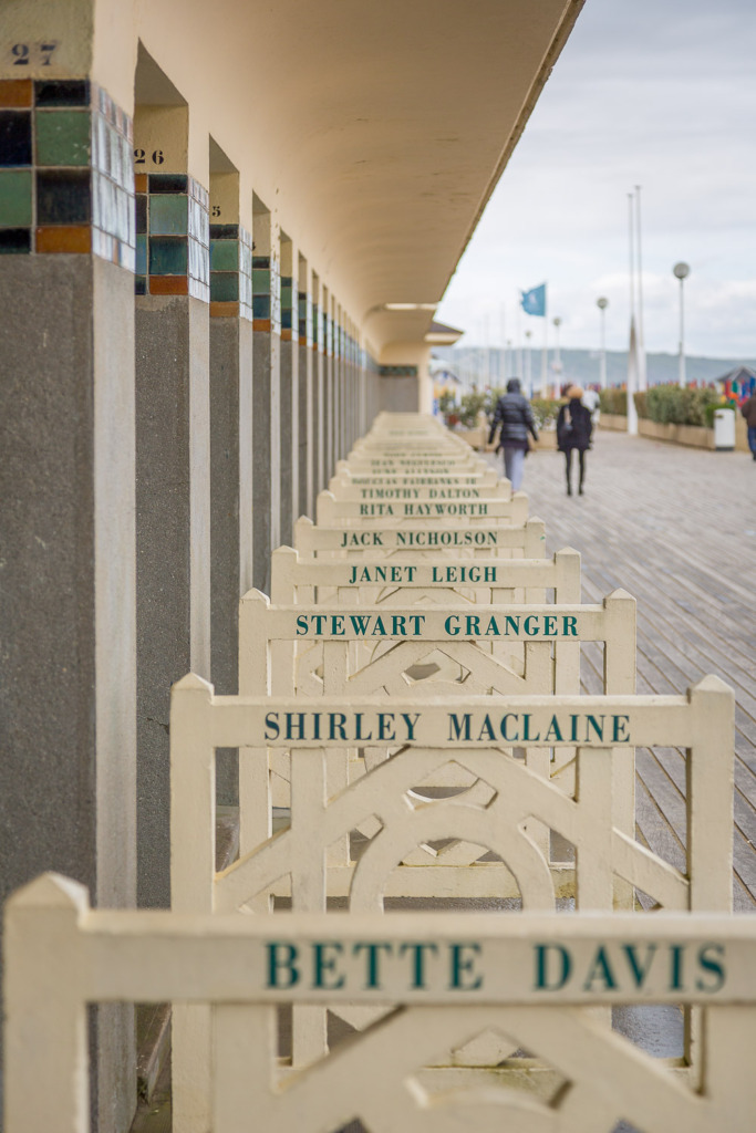 Dressing Rooms along the beach in Deauville with famous names on them.