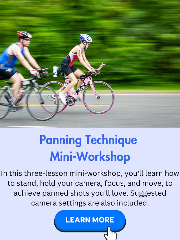 Two bicycle racers speeding by green trees, taken by panning the camera to blur the background. Underneath is information about the Panning Technique Mini-Workshop and a Learn More button.